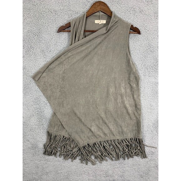 Large (L) Pink Rose Gray Faux Suede Microfiber Fringe Kimono Cardigan Vest - Picture 7 of 16